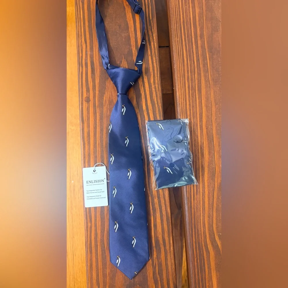 Boys (Kids) Navy Blue Tie with Penguin Design- 13 inch adjustable neck